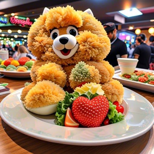 Big Stuffed animal smily Bear as a dish showing sandwiches and a strawberry