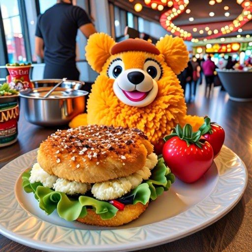 Smiling Stuffed animal as a Fried Chicken dish with sweet strawberries