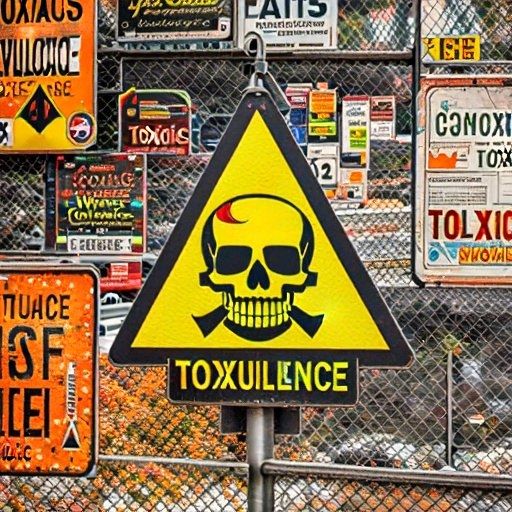 AI (Artificial Intelligence) Generated Picture of a Toxic Like Workplace Environment with Warning Signs of Skull and with Toxic Chemical Warning messages and a fixed stationed fence