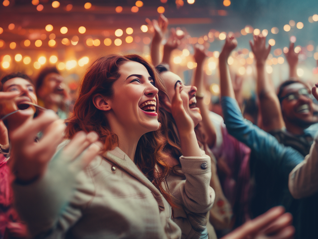 Audience cheering in a crowd, with a female in the center of attention, in a major metropolitan city with positive vibes and reactions, having a fun time together