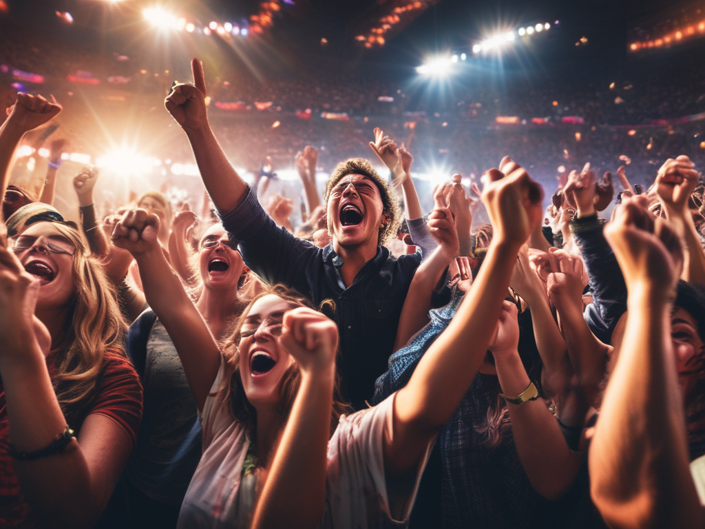 Audience cheering in a crowd, with a a male at the center of attention, in a major metropolitan city with positive vibes and reactions, having a fun time together